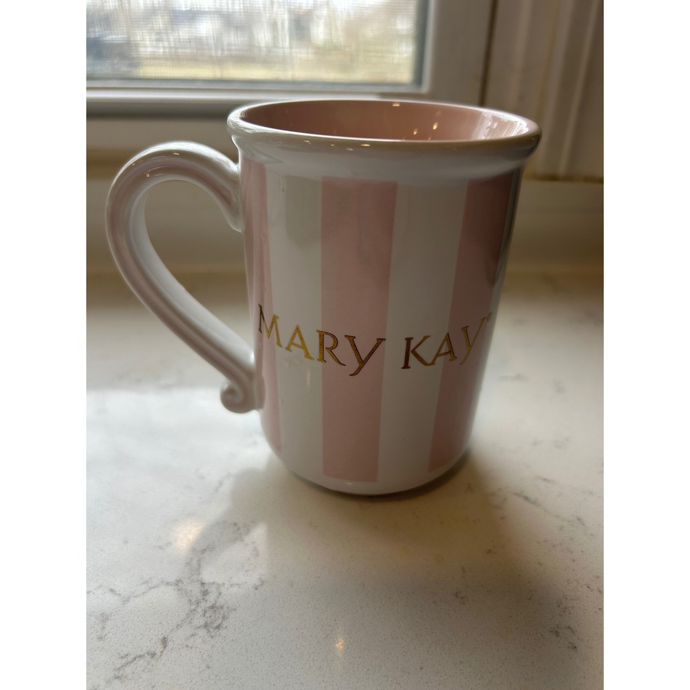 Mary Kay Pink and White Striped Ceramic Coffee Mug‎ Gold Logo Consultant Gift